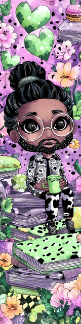 Free teacher bookmark featuring a bearded teacher with books on a purple background